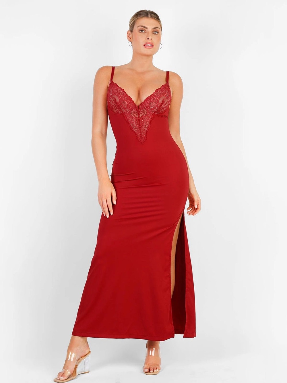 Shapewear Lace V Neck Side Slit Slimming Maxi Slip Dress